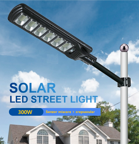 LED лампа 300W соларна SLIM с датчик за движение + дистанционно
