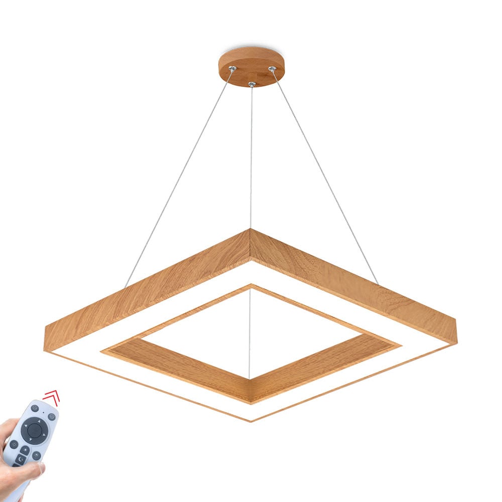 LED осветително тяло висящо RENZO Square Wood с дистанционно, еквивалент 300W
