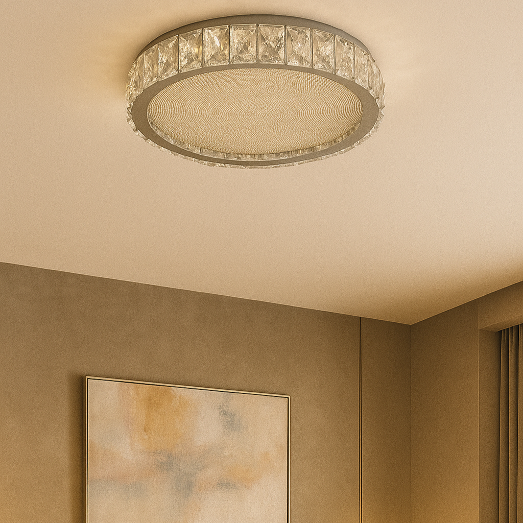 LED осветително тяло Сребристо Glamour Round CRISTAL с дистанционно