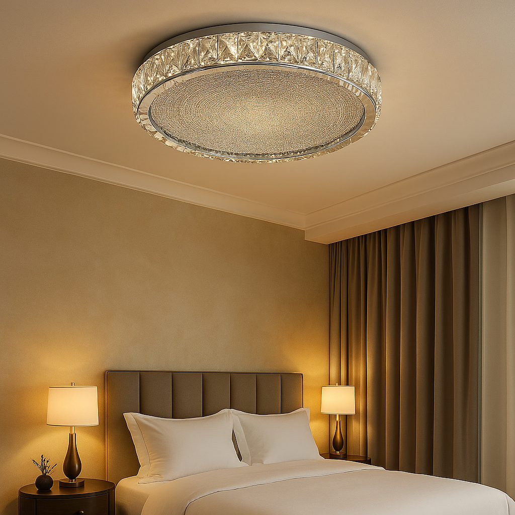 LED осветително тяло Сребристо Glamour Round CRISTAL с дистанционно