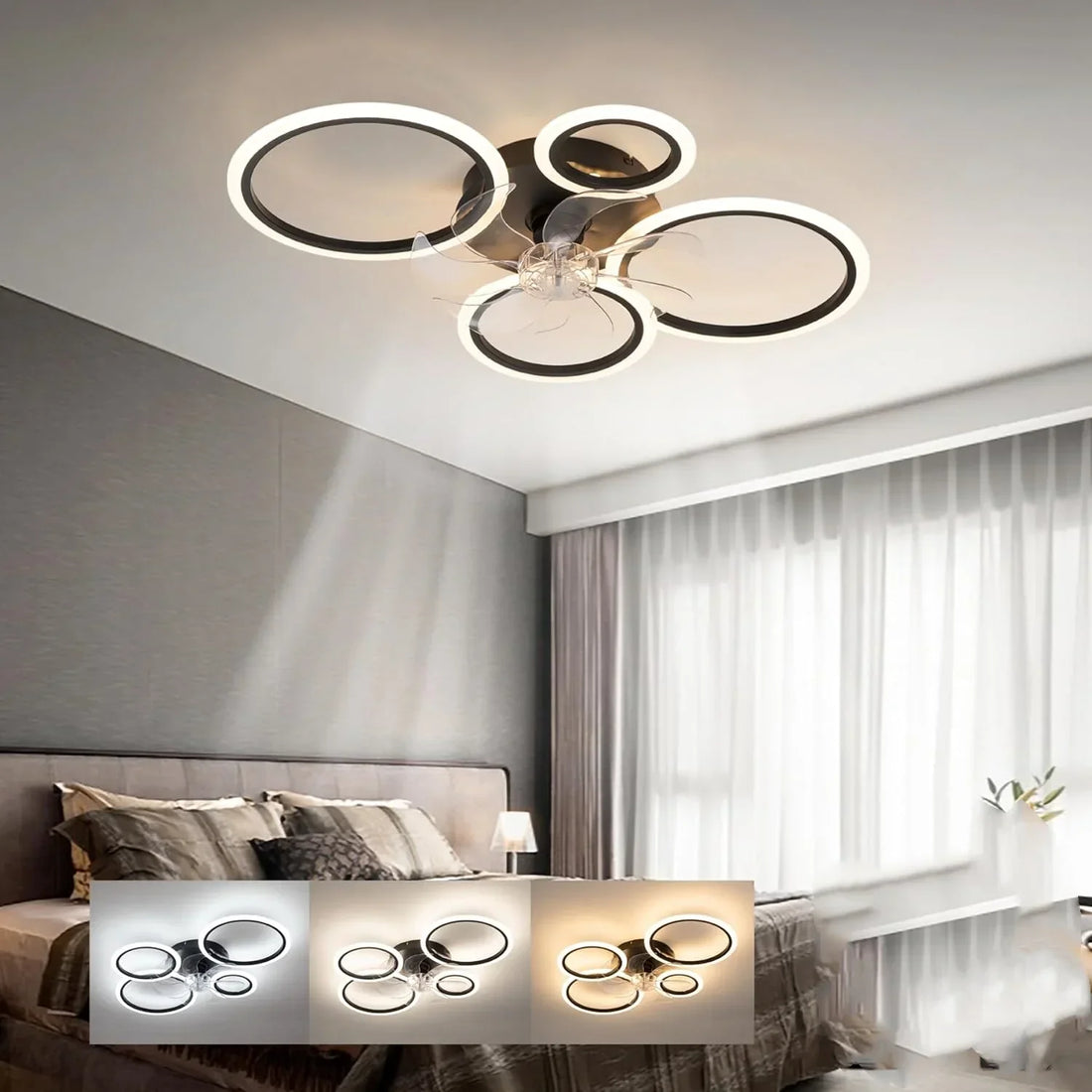 LED осветително тяло 4 Circle Black с вентилатор и дистанционно, еквивалент 400W