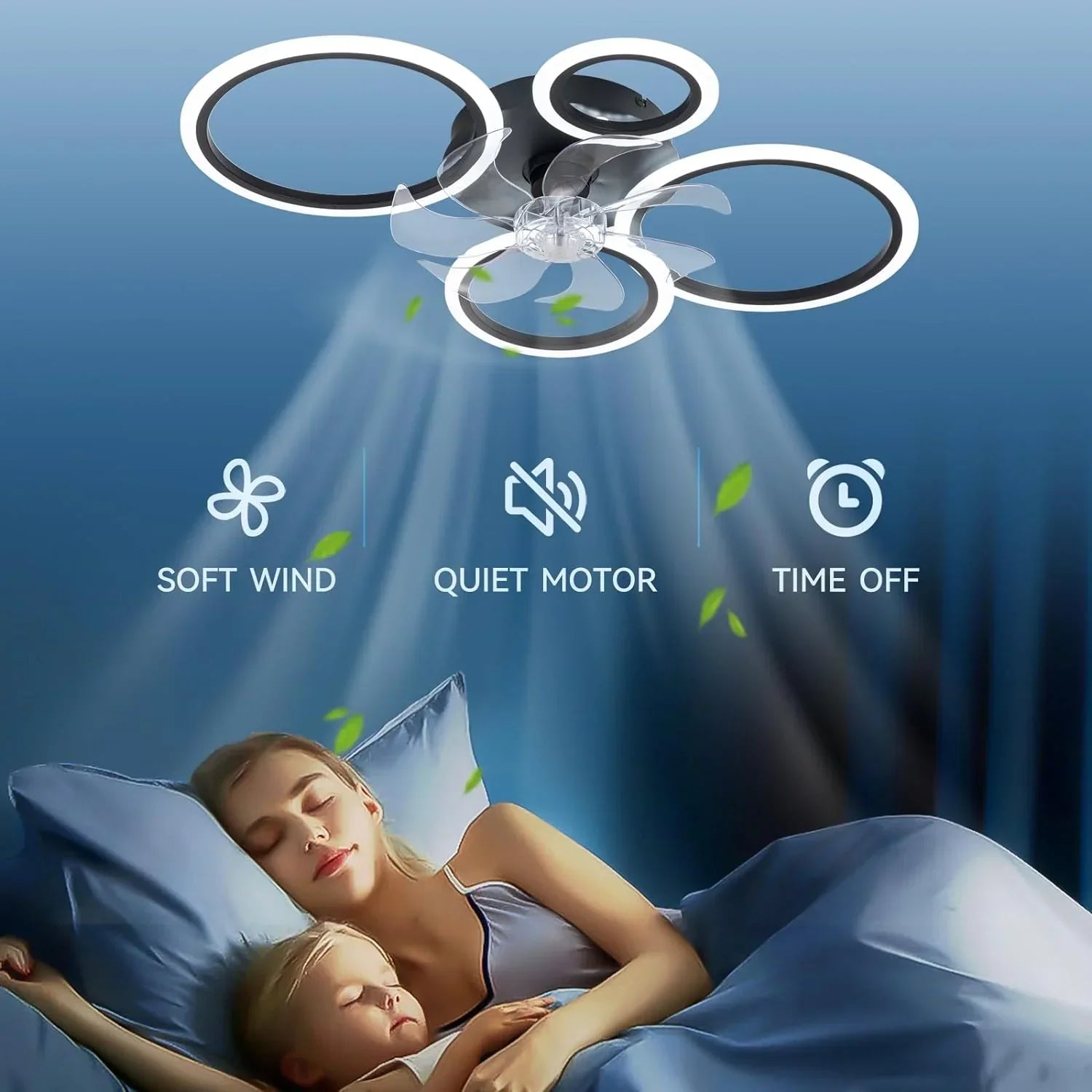 LED осветително тяло 4 Circle Black с вентилатор и дистанционно, еквивалент 400W