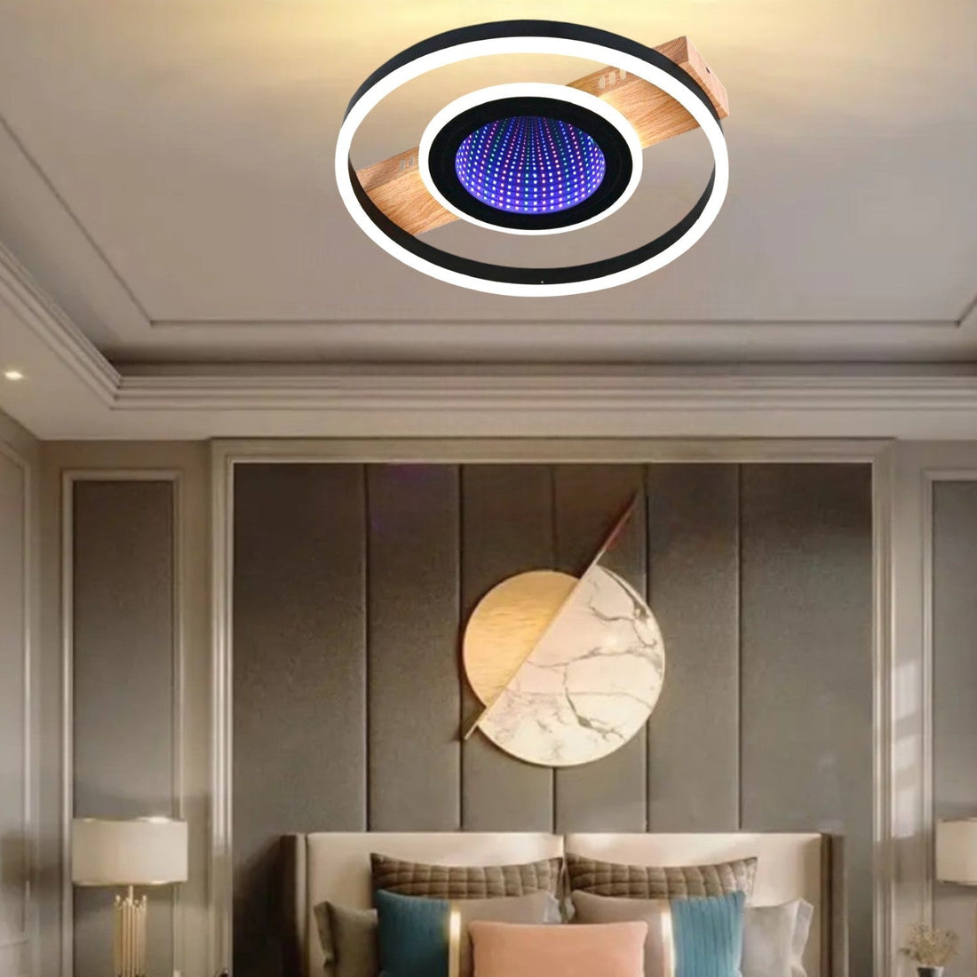 LED осветително тяло Woody Touch Circle 3D RGB с дистанционно, еквивалент 500W
