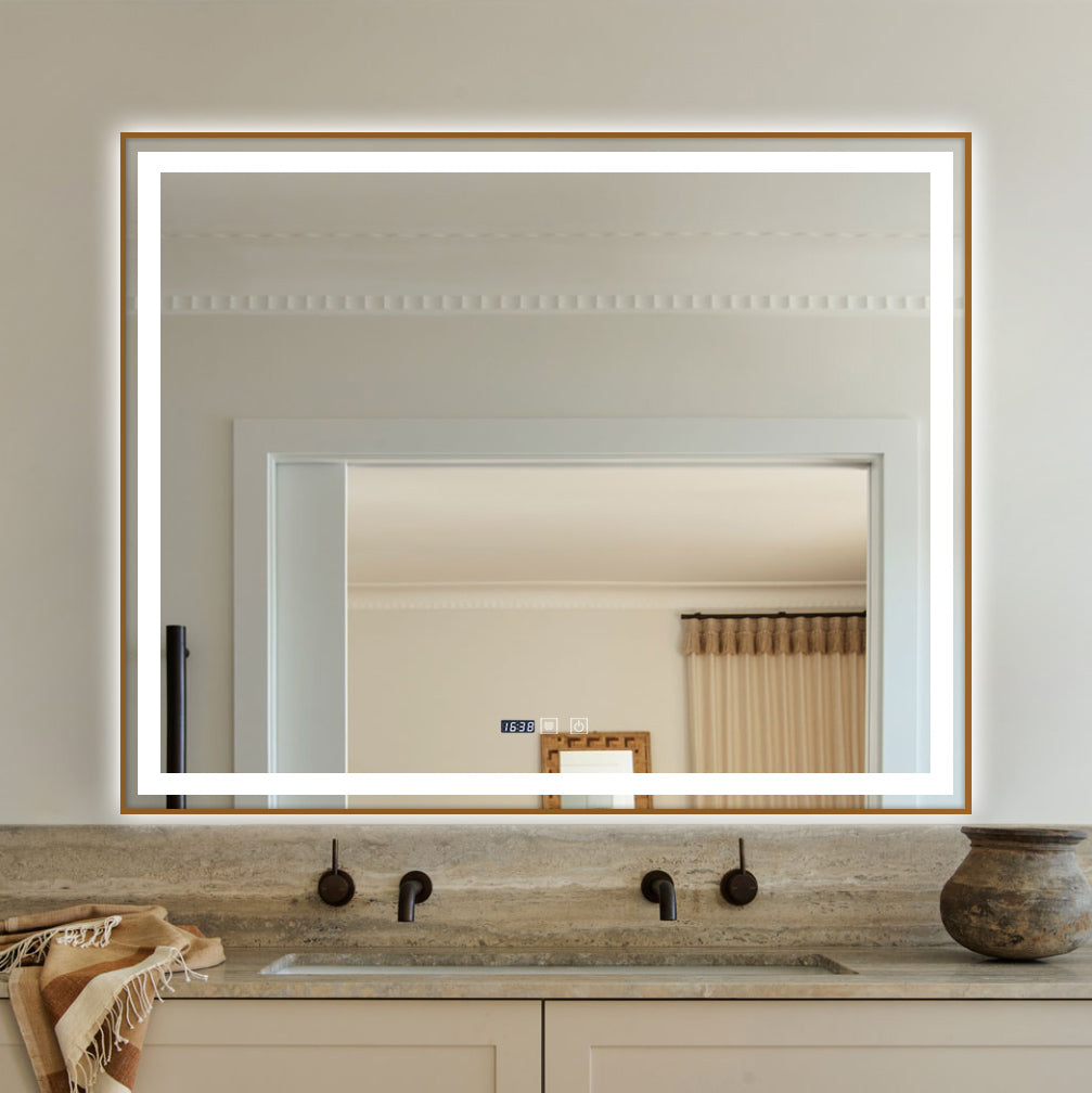 LED огледало 100x80cm със златиста рамка, функция против замъгляване, Touch и часовник J44