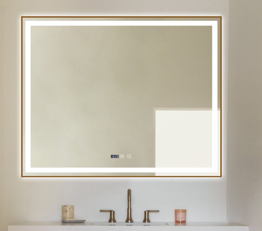 LED огледало 100x80cm със златиста рамка, функция против замъгляване, Touch и часовник J44