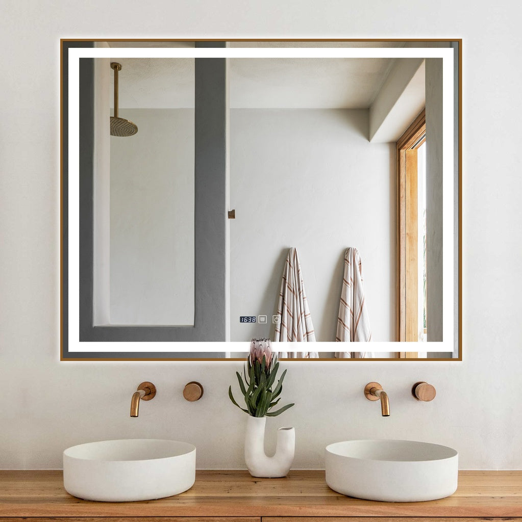 LED огледало 100x80cm със златиста рамка, функция против замъгляване, Touch и часовник J44