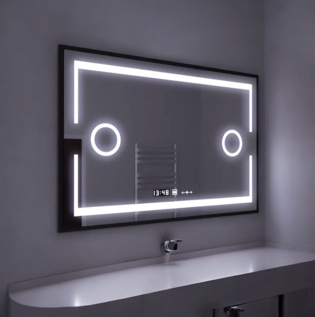 LED огледало 120x80cm с черна рамка, функция против замъгляване, тъч, лупа и часовник