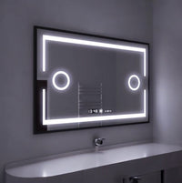 LED огледало 120x80cm с черна рамка, функция против замъгляване, тъч, лупа и часовник