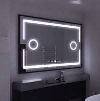 LED огледало 120x80cm с черна рамка, функция против замъгляване, тъч, лупа и часовник