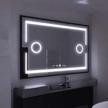 LED огледало 120x80cm с черна рамка, функция против замъгляване, тъч, лупа и часовник