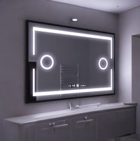 LED огледало 120x80cm с черна рамка, функция против замъгляване, тъч, лупа и часовник