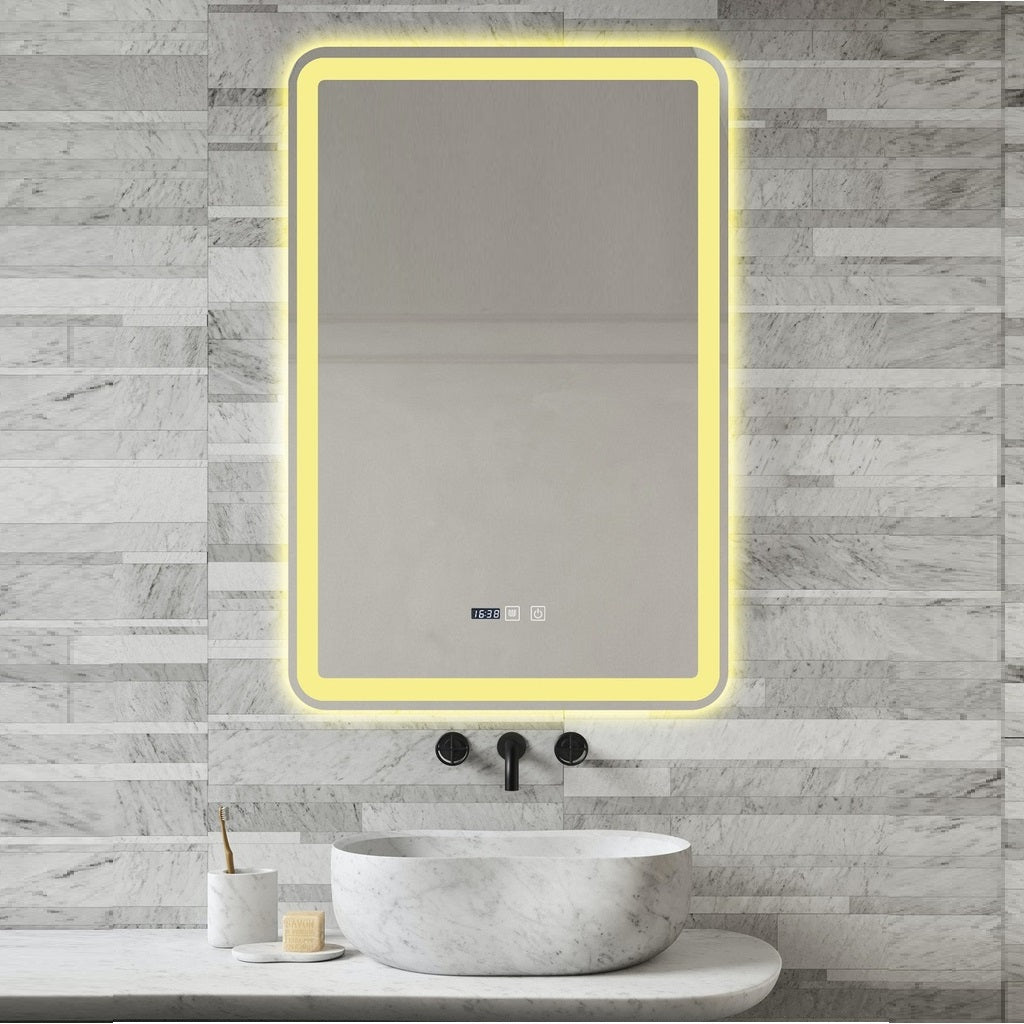 LED огледало 60x90cm с функция против замъгляване, часовник и 3 вида светлина J168