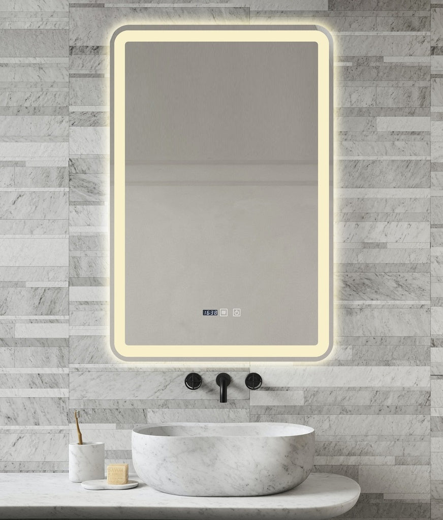 LED огледало 60x90cm с функция против замъгляване, часовник и 3 вида светлина J168
