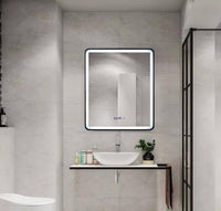 LED огледало 75x90cm черна рамка, против запотяване, 3 вида светлина, Touch и часовник J37