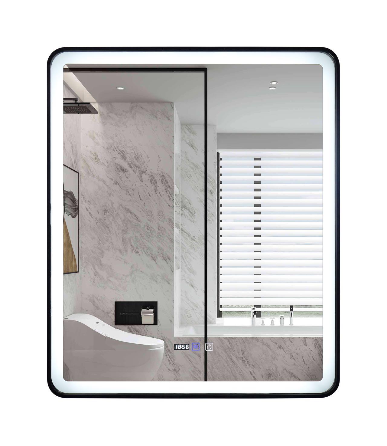 LED огледало 75x90cm черна рамка, против запотяване, 3 вида светлина, Touch и часовник J37