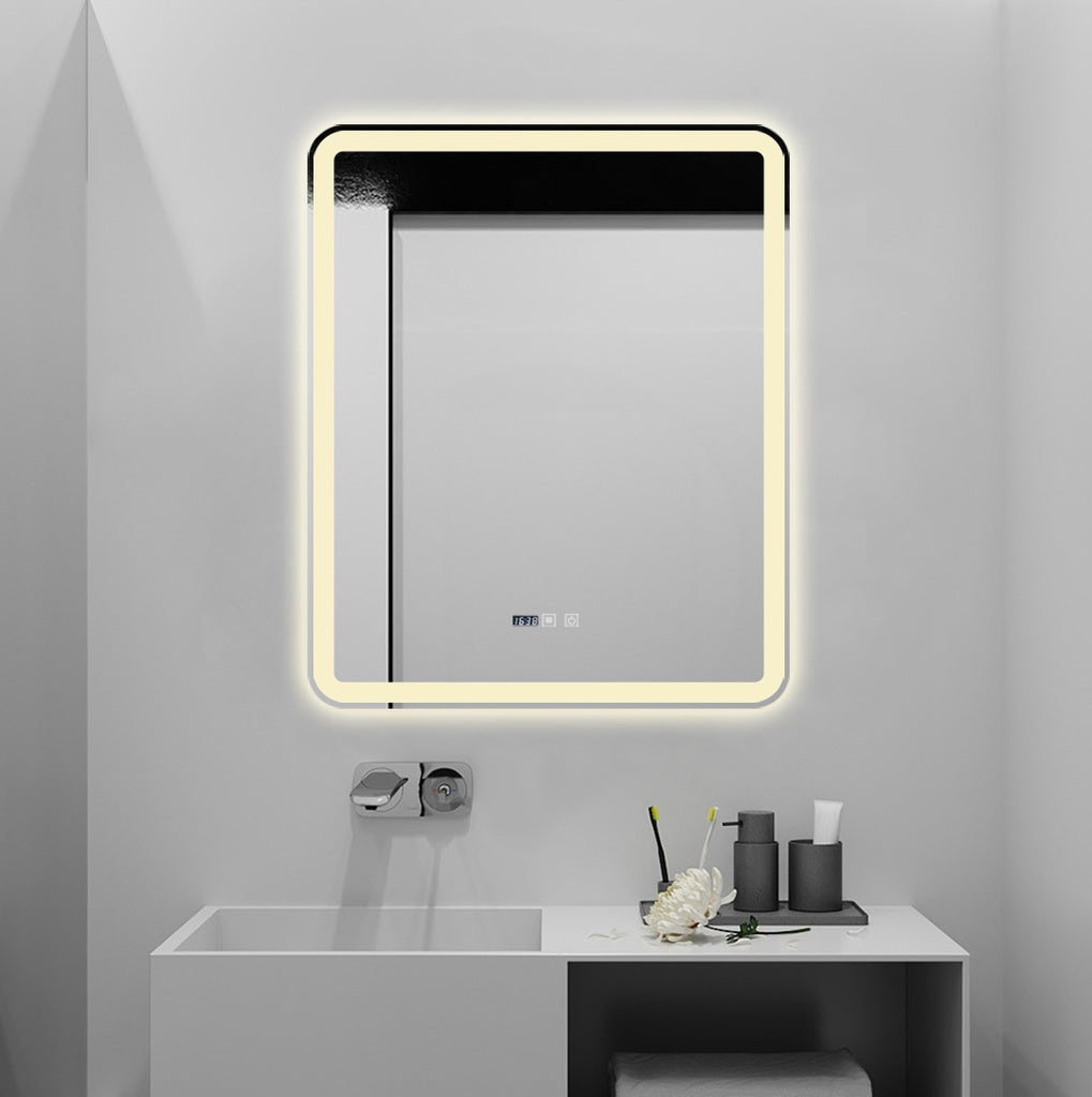 LED огледало 75x90cm с функция против замъгляване, часовник и 3 вида светлина J169