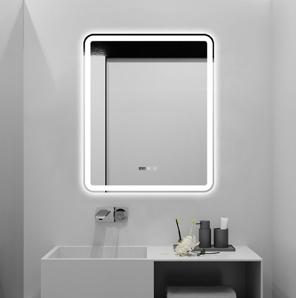 LED огледало 75x90cm с функция против замъгляване, часовник и 3 вида светлина J169