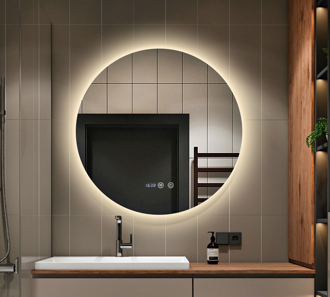 Кръгло LED огледало 70cm с функция против замъгляване, touch, две светлини и часовник J170