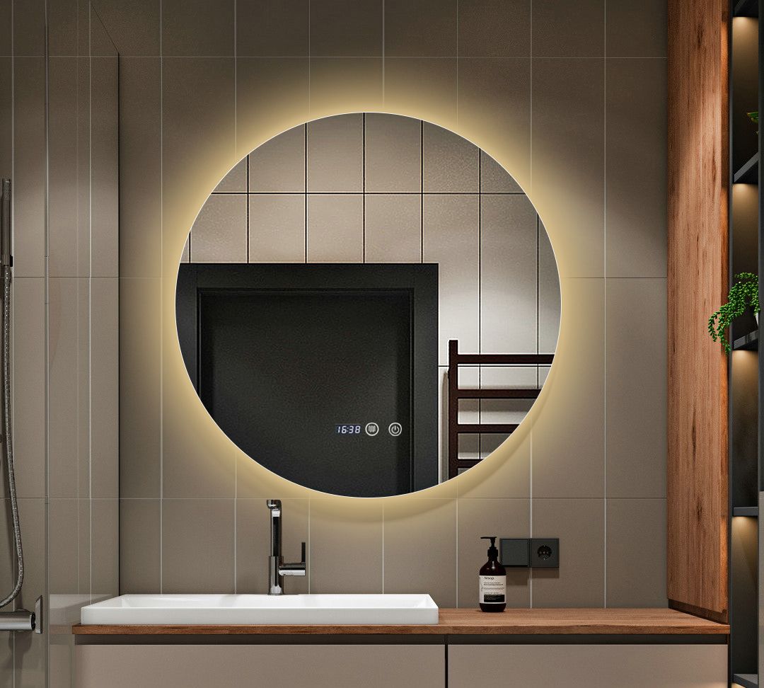 Кръгло LED огледало 70cm с функция против замъгляване, touch, две светлини и часовник J170