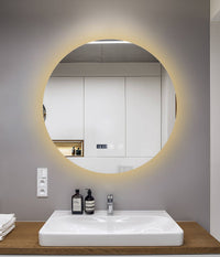 Кръгло LED огледало 80cm с функция против замъгляване, touch, две светлини и часовник J170