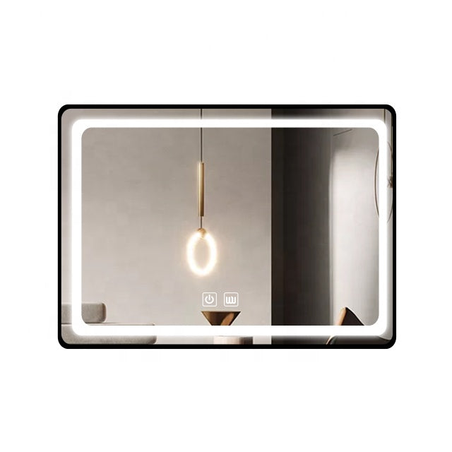 LED огледало 100x65cm с черна рамка, функция против замъгляване, Touch и часовник J17