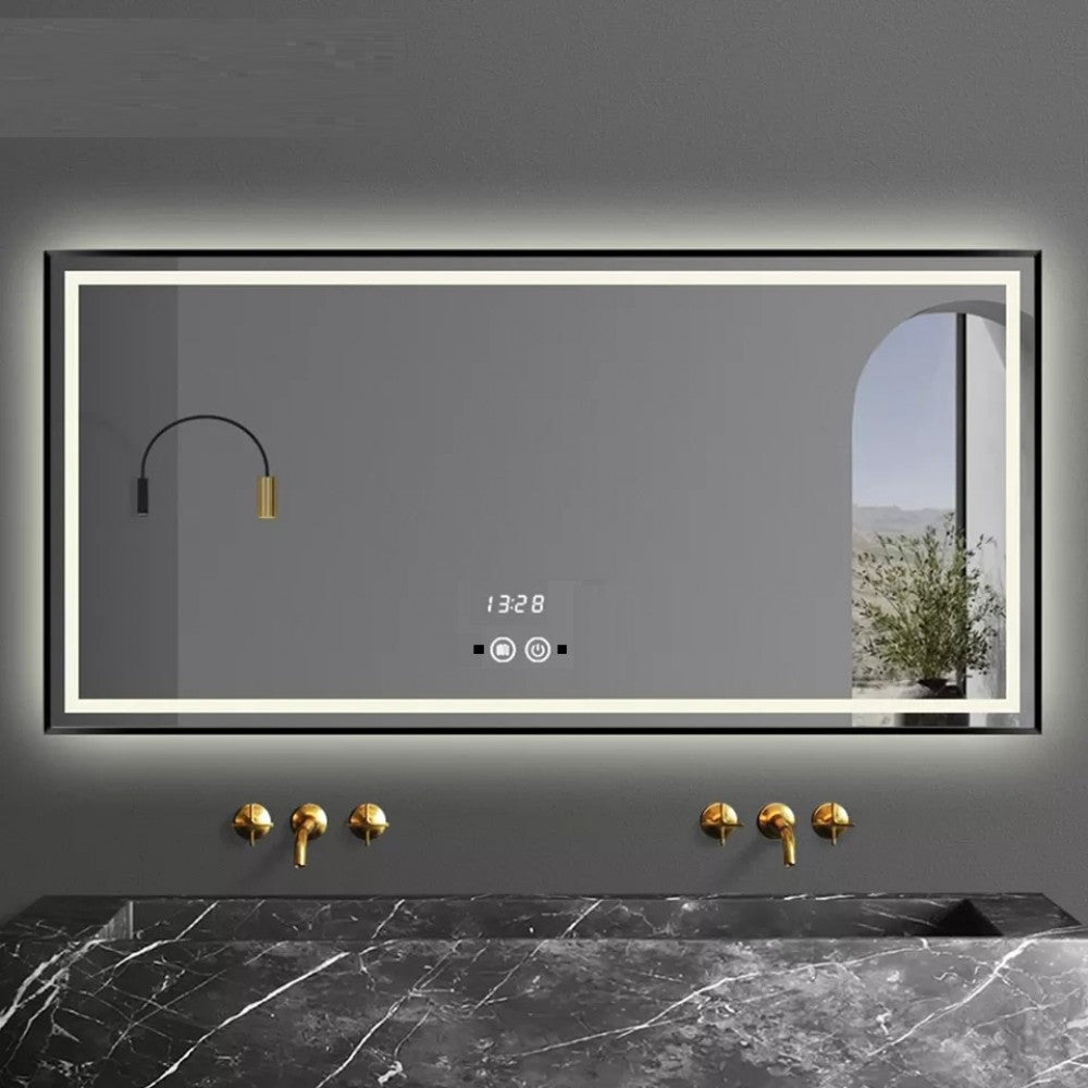 LED огледало 100x65cm с черна рамка, функция Touch, сензор за движение и часовник J31