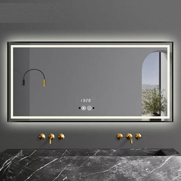 LED огледало 100x65cm с черна рамка, функция Touch, сензор за движение и часовник J31