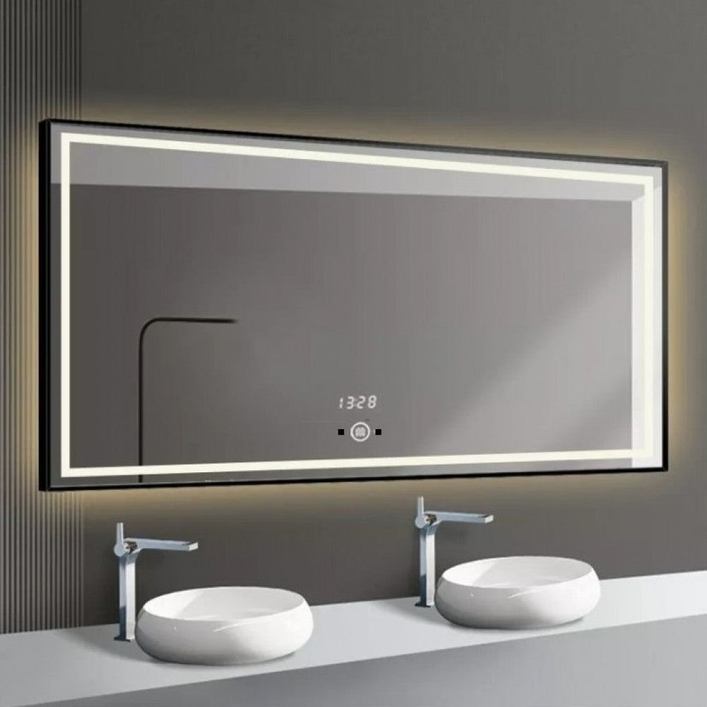 LED огледало 100x65cm с черна рамка, функция Touch, сензор за движение и часовник J31