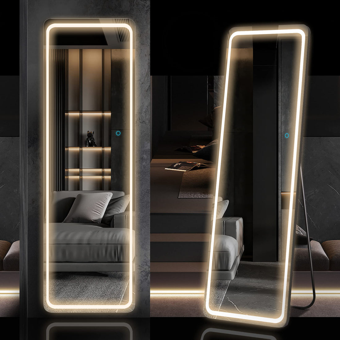 LED огледало с Touch 50x160cm свободностоящо черно с тъпи ъгли