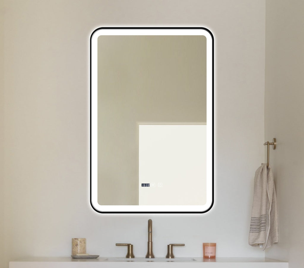 LED огледало 60x90cm с черна рамка, функция против замъгляване, тъч и часовник J36