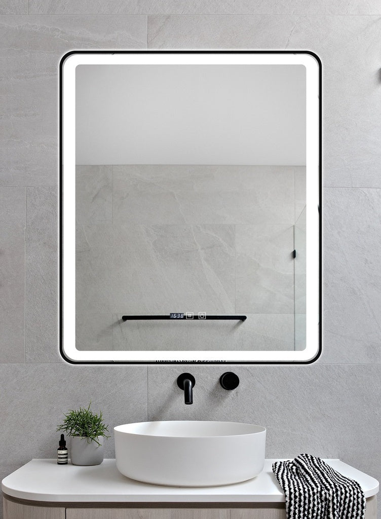 LED огледало 75x90cm черна рамка, против запотяване, 3 вида светлина, Touch и часовник J37