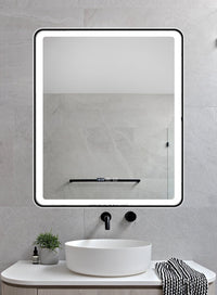 LED огледало 75x90cm черна рамка, против запотяване, 3 вида светлина, Touch и часовник J37