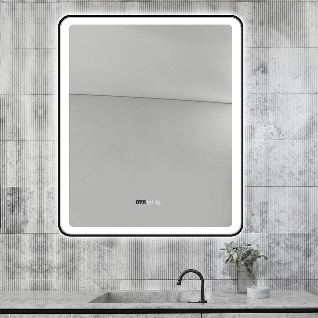 LED огледало 75x90cm черна рамка, против запотяване, 3 вида светлина, Touch и часовник J37