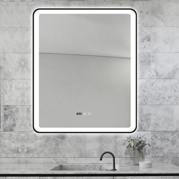 LED огледало 75x90cm черна рамка, против запотяване, 3 вида светлина, Touch и часовник J37