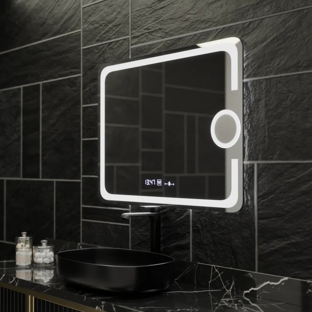 LED огледало 80x60cm, СЕНЗОР, 3 вида светлина, против замъгляване, димиране, часовник и термометър