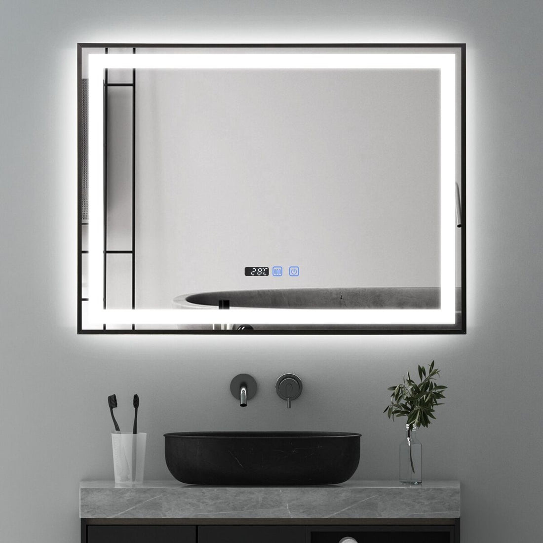 LED огледало 100x70cm с черна рамка, сензор, демист, 3 вида светлина, температура и часовник W03