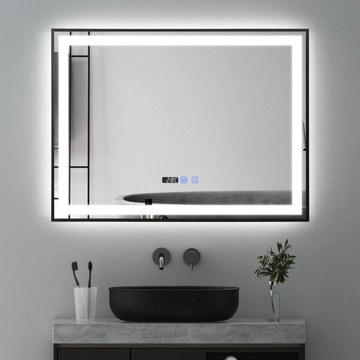 LED огледало 100x70cm с черна рамка, сензор, демист, 3 вида светлина, температура и часовник W03