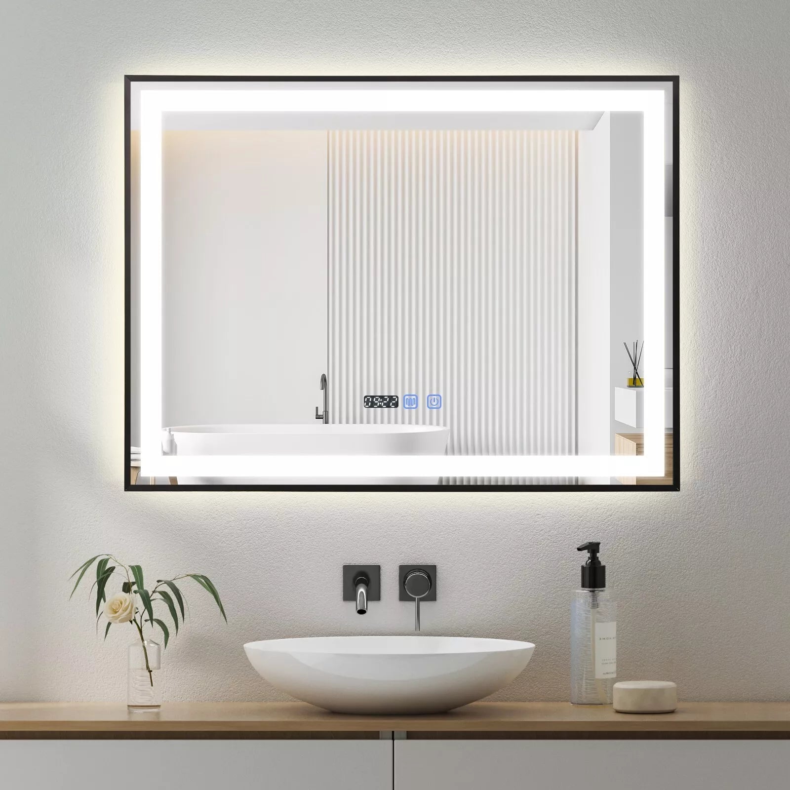 LED огледало 80x60cm с черна рамка, сензор, демистър, 3 вида светлина, температура и часовник W03