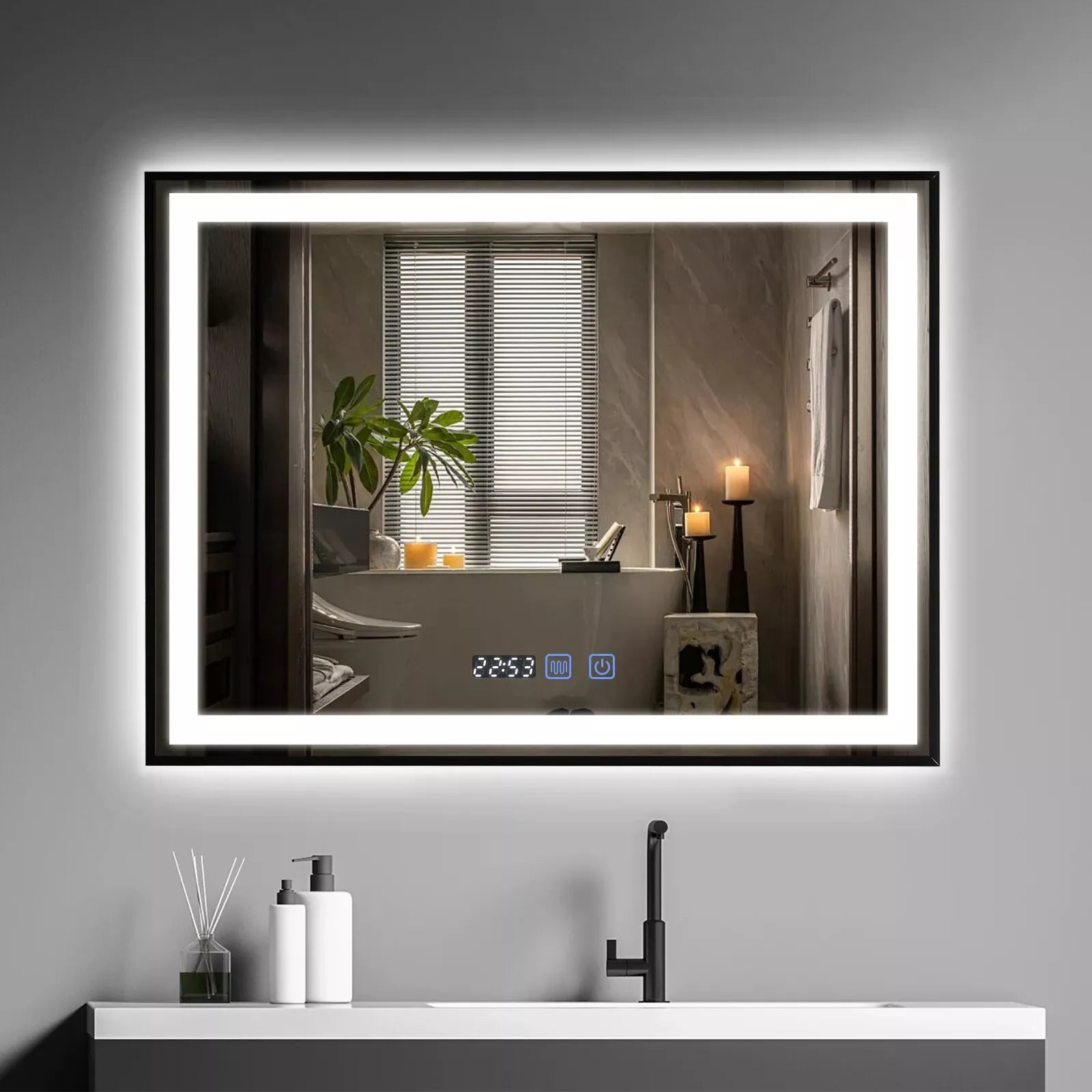 LED огледало 80x60cm с черна рамка, сензор, демистър, 3 вида светлина, температура и часовник W03