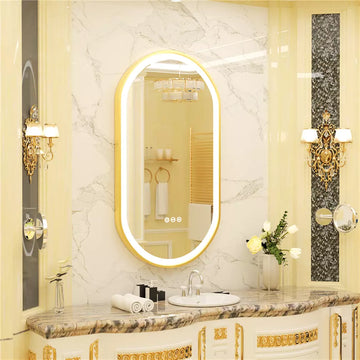 Oglinda LED Ovala 50x80cm Rama Aurie Senzor Dezaburire 3 Lumini Temperatura si Ceas W25 AURIE / 50X80CM LED MIRROR