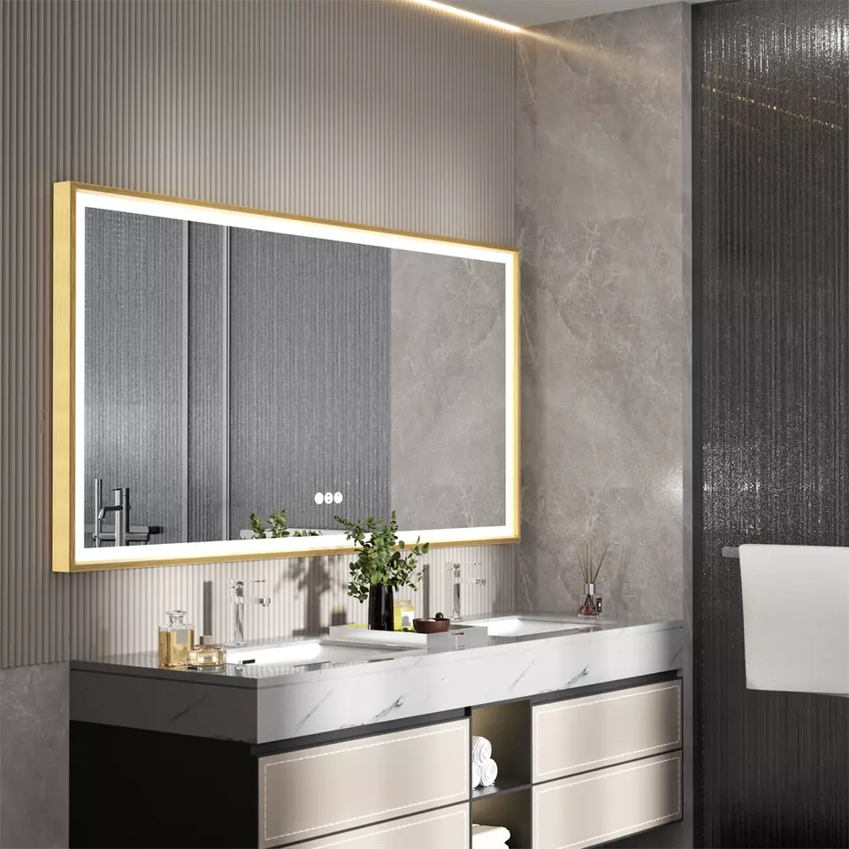 LED огледало 100x80cm Златиста рамка, сензор, демистър, 3 вида светлина, температура и часовник W10L