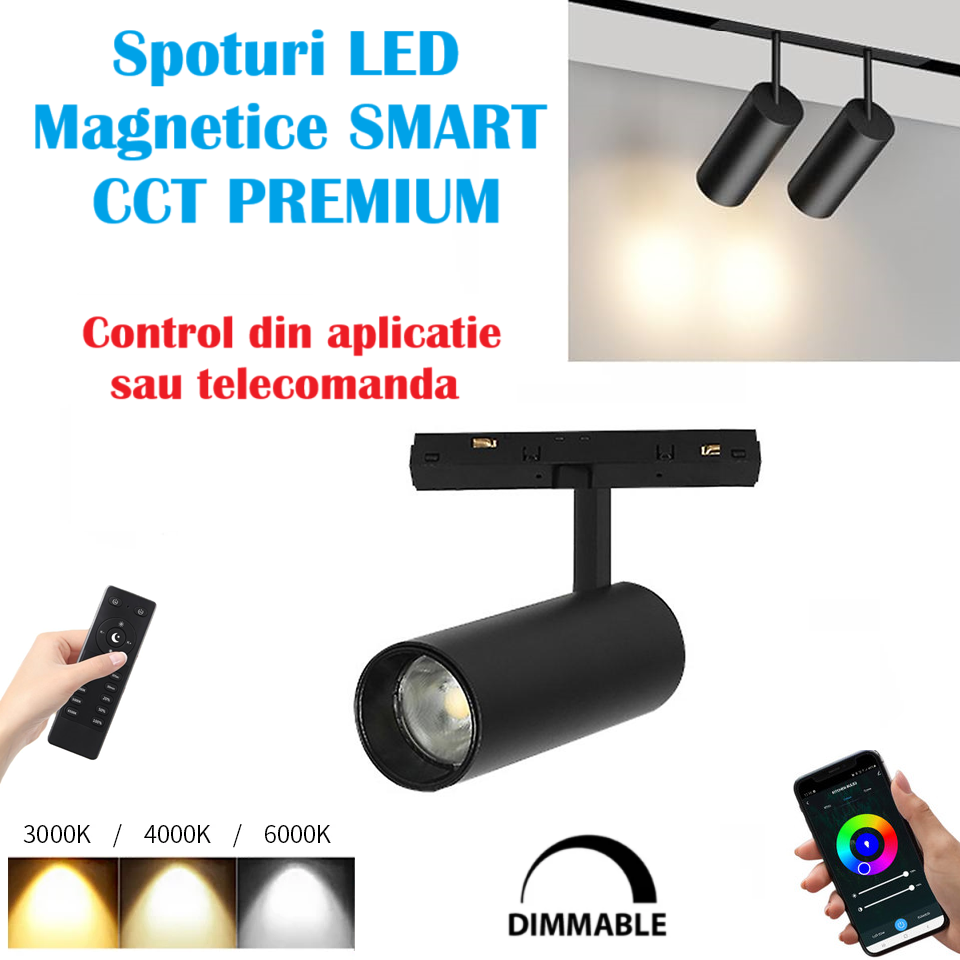 LED спот 20W магнитен цилиндър SMART CCT черен с дистанционно