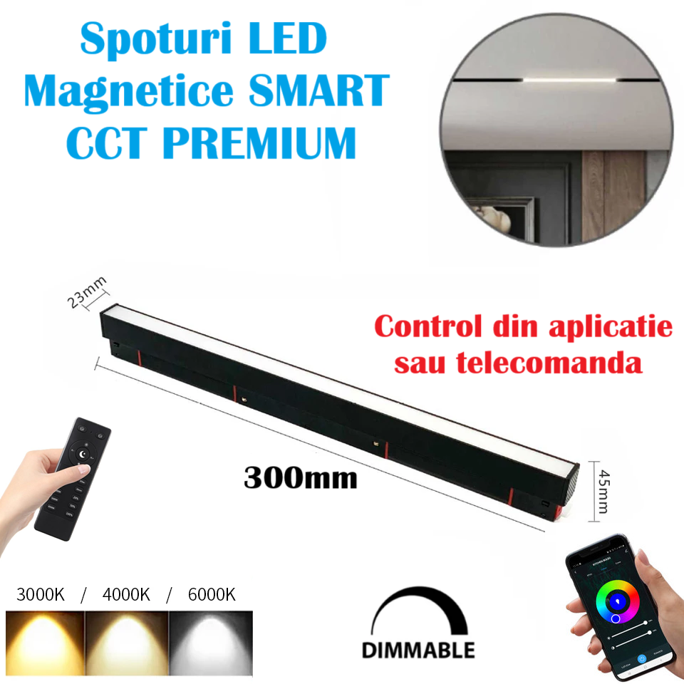 LED спот 10W 30cm магнитен SMART CCT черен линеен мат дистанционно