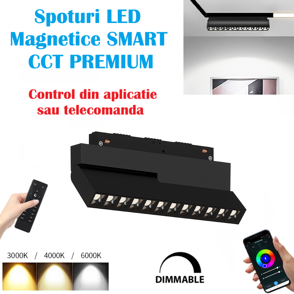 LED спот 12W магнитен сгъваем SMART CCT черен дистанционно