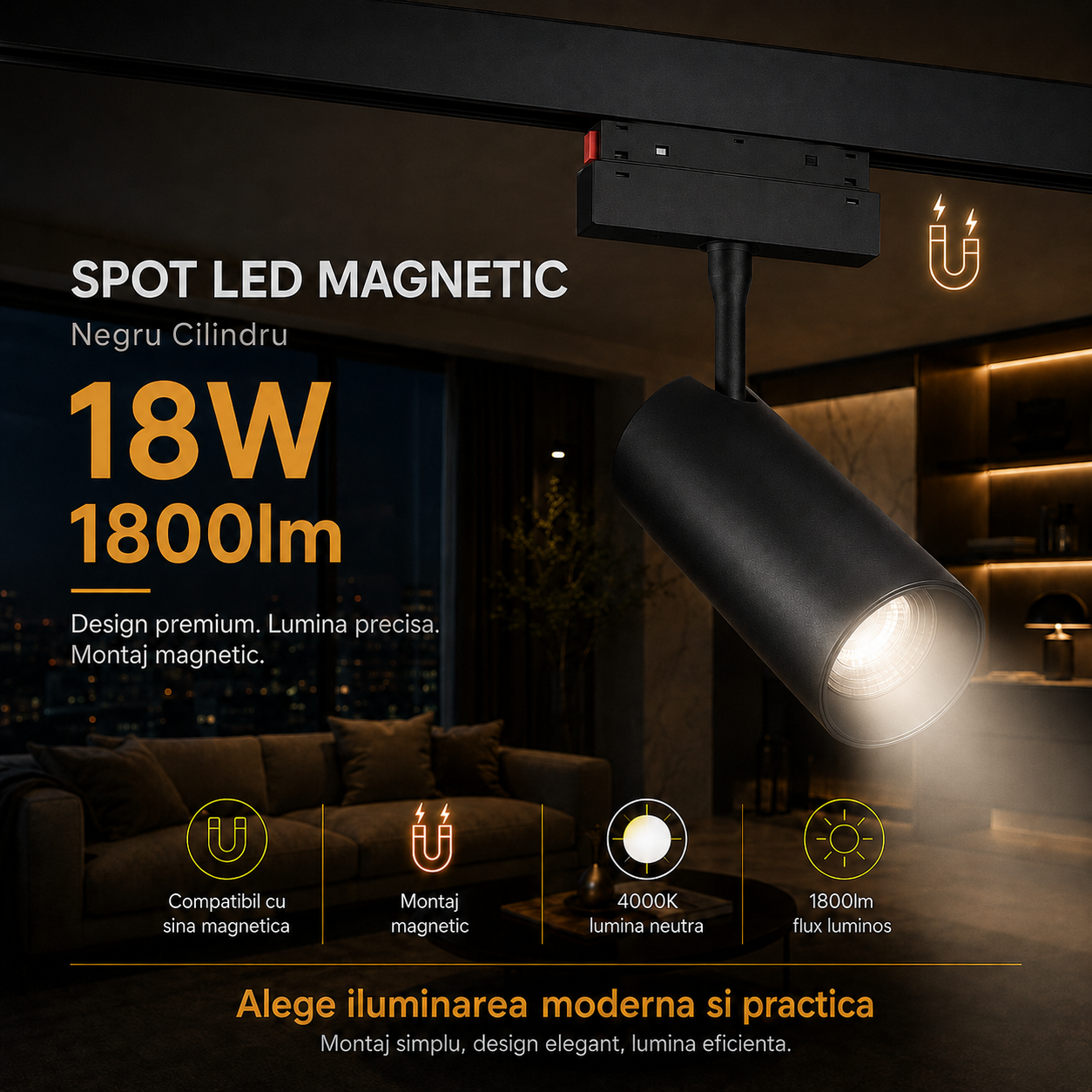 LED спот 18W магнитен черен цилиндър