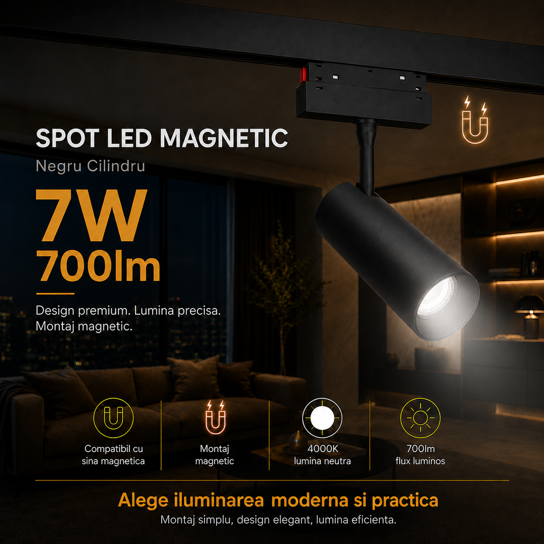 LED спот 7W магнитен черен цилиндър