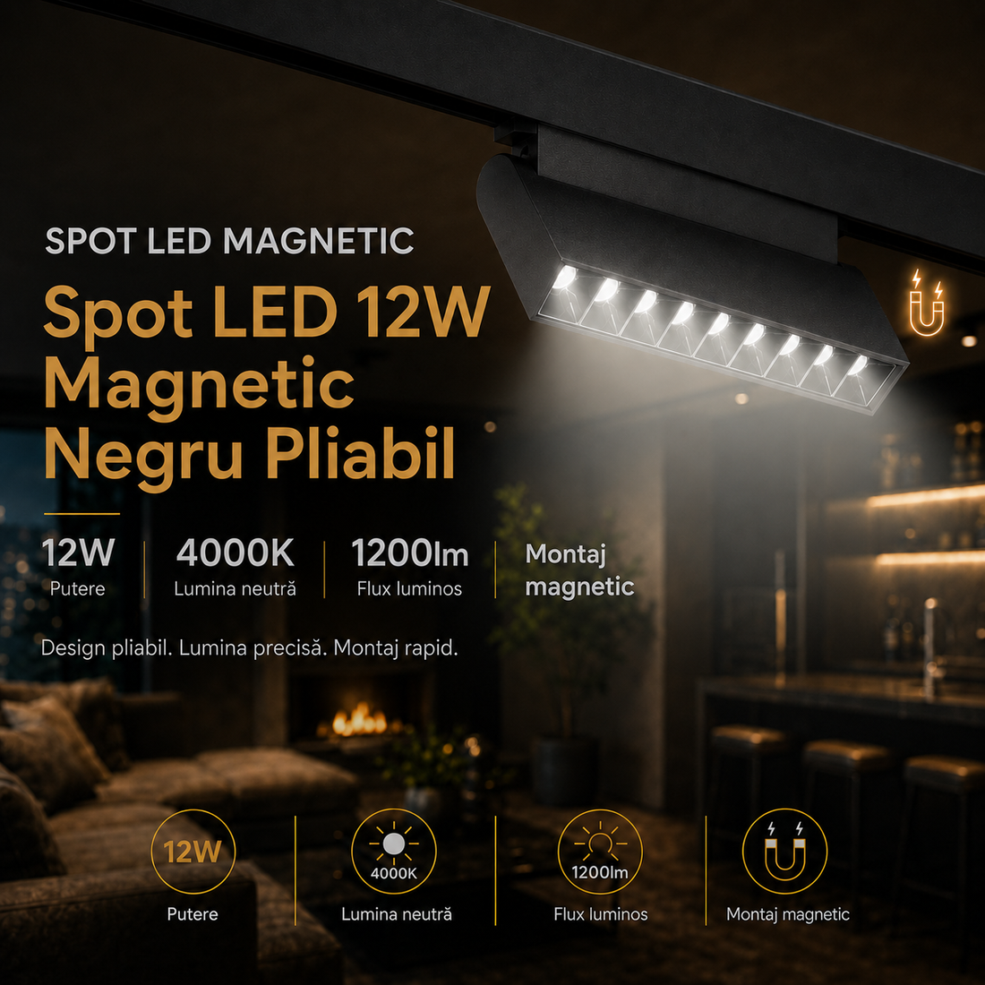 LED спот 12W магнитен черен, сгъваем