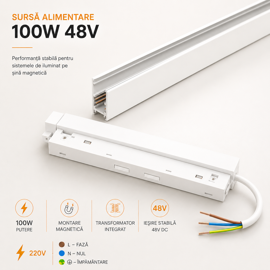 Захранващ блок 100W 48V за магнитна шина бял