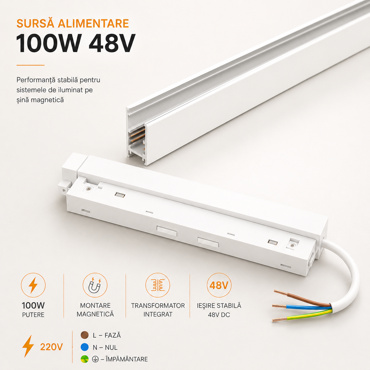 Захранващ блок 100W 48V за магнитна шина бял