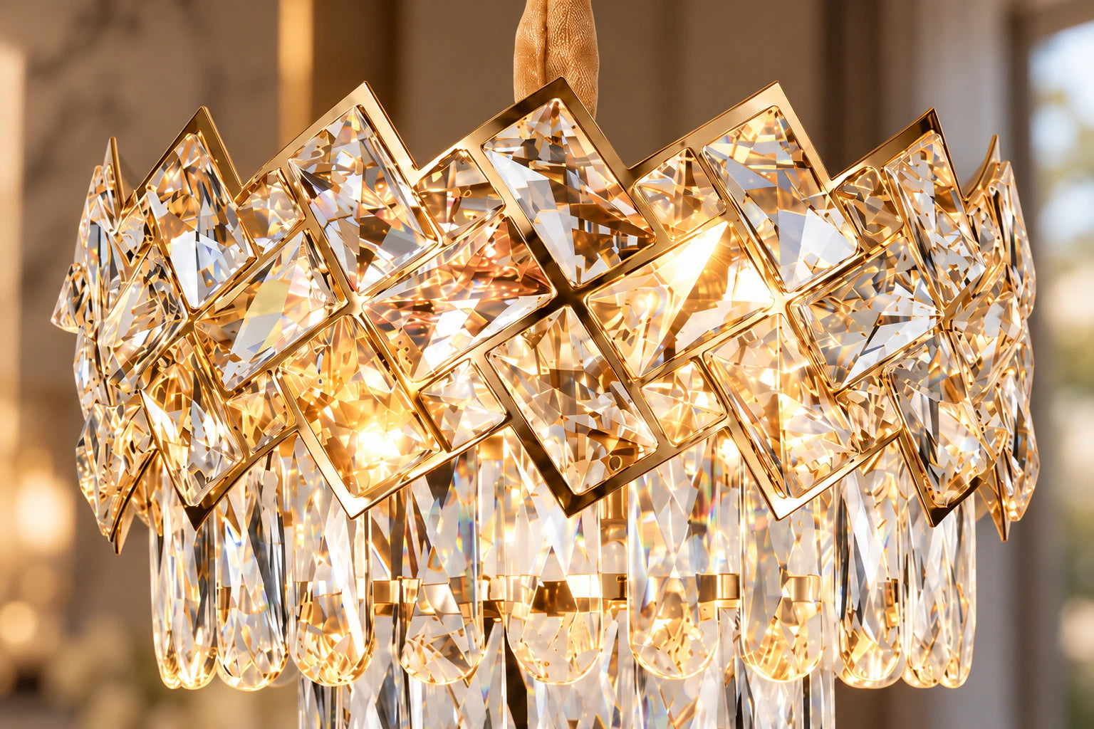 Златистата корона и кристалите Malli Gold отблизо с топла светлина
